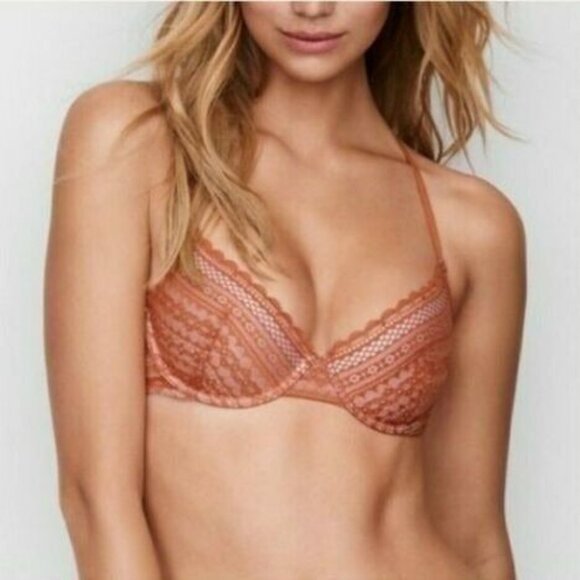 Victorias Secret Lined Demi Bra Lace 32DD Orange NEW - Picture 1 of 4
